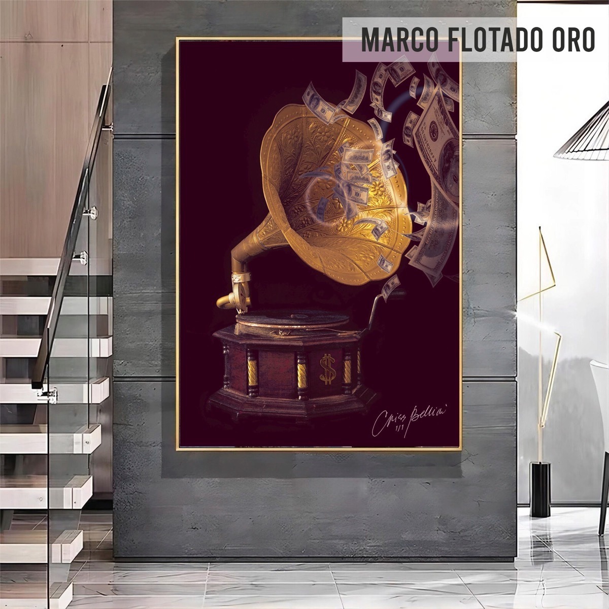 Foto 5 pulgar | Cuadro Fonografo Billetes Music Criss Bellini Canvas 140x100