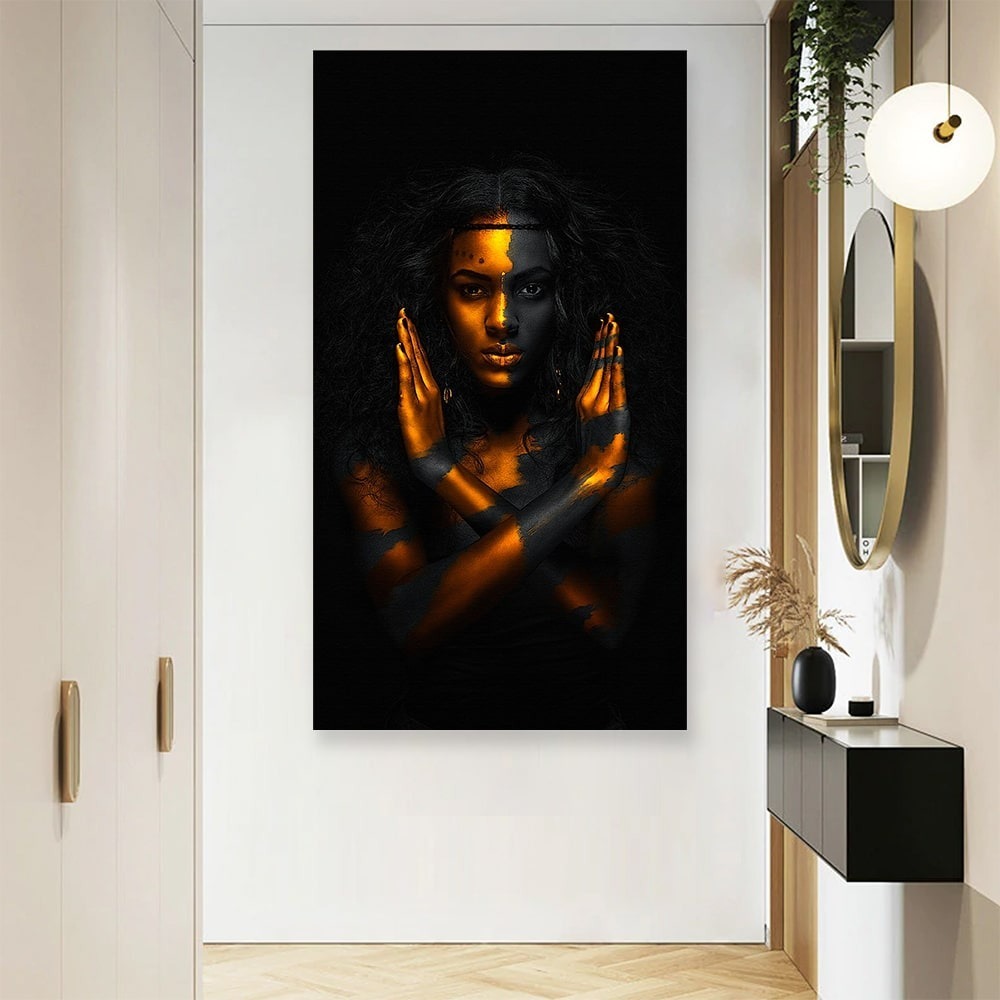 Cuadro Canvas Decorativo Mujer Africana Moderno 100x55cm Color Ocres Y Negro