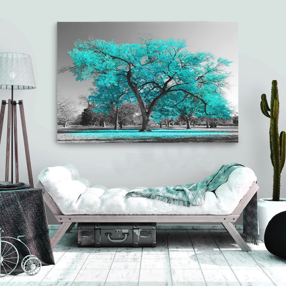 Foto 5 pulgar | Cuadro Moderno Arbol Turquesa Azul Canvas 120x90 Grande Armazón Bastidor De Madera