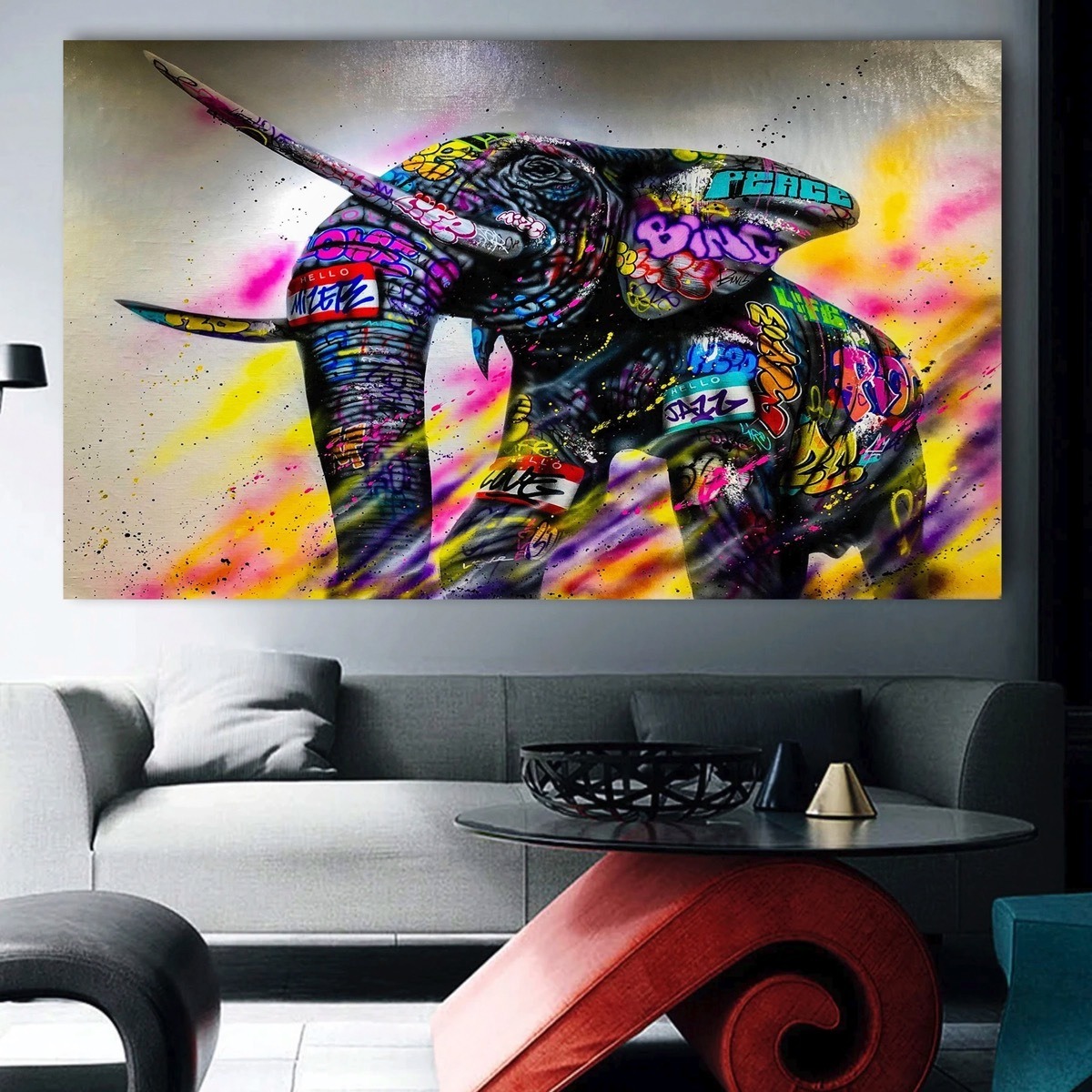 Foto 6 pulgar | Cuadro Elefante Colores Graffiti Canvas Grueso 140x90premium