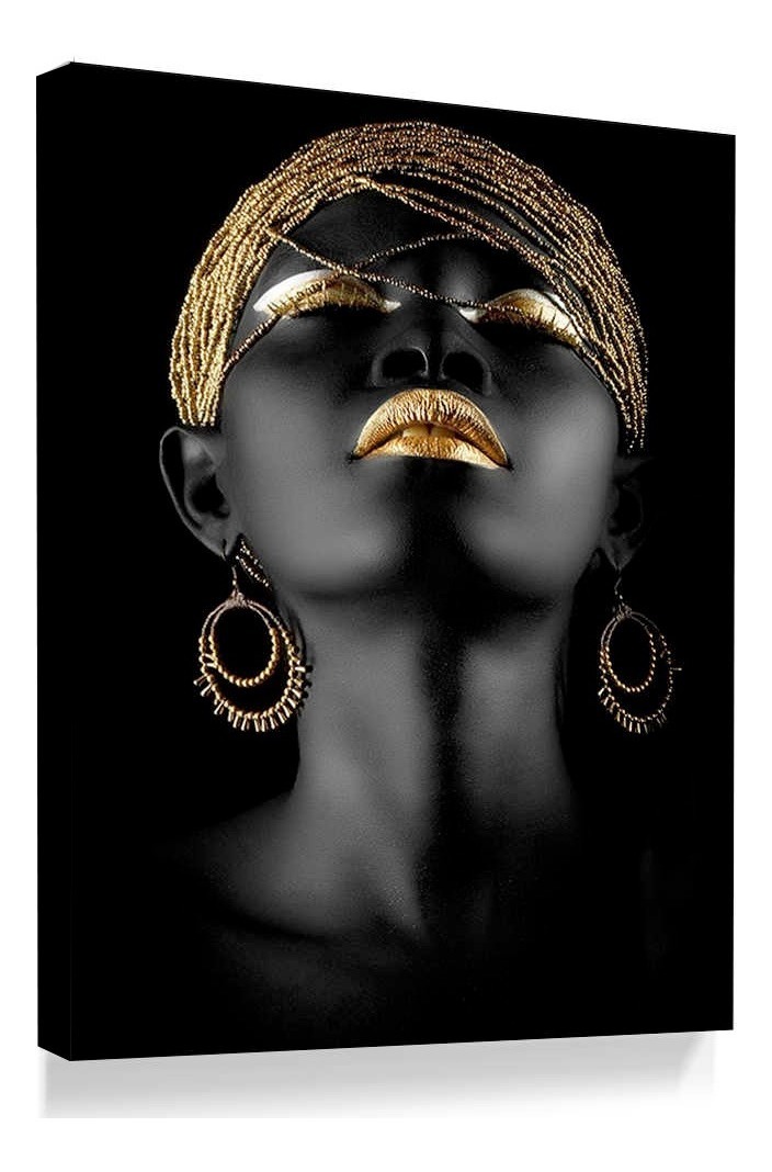 Cuadro Canvas Decorativo Mujer Africana Turbante Dorado Hd Color Serenity