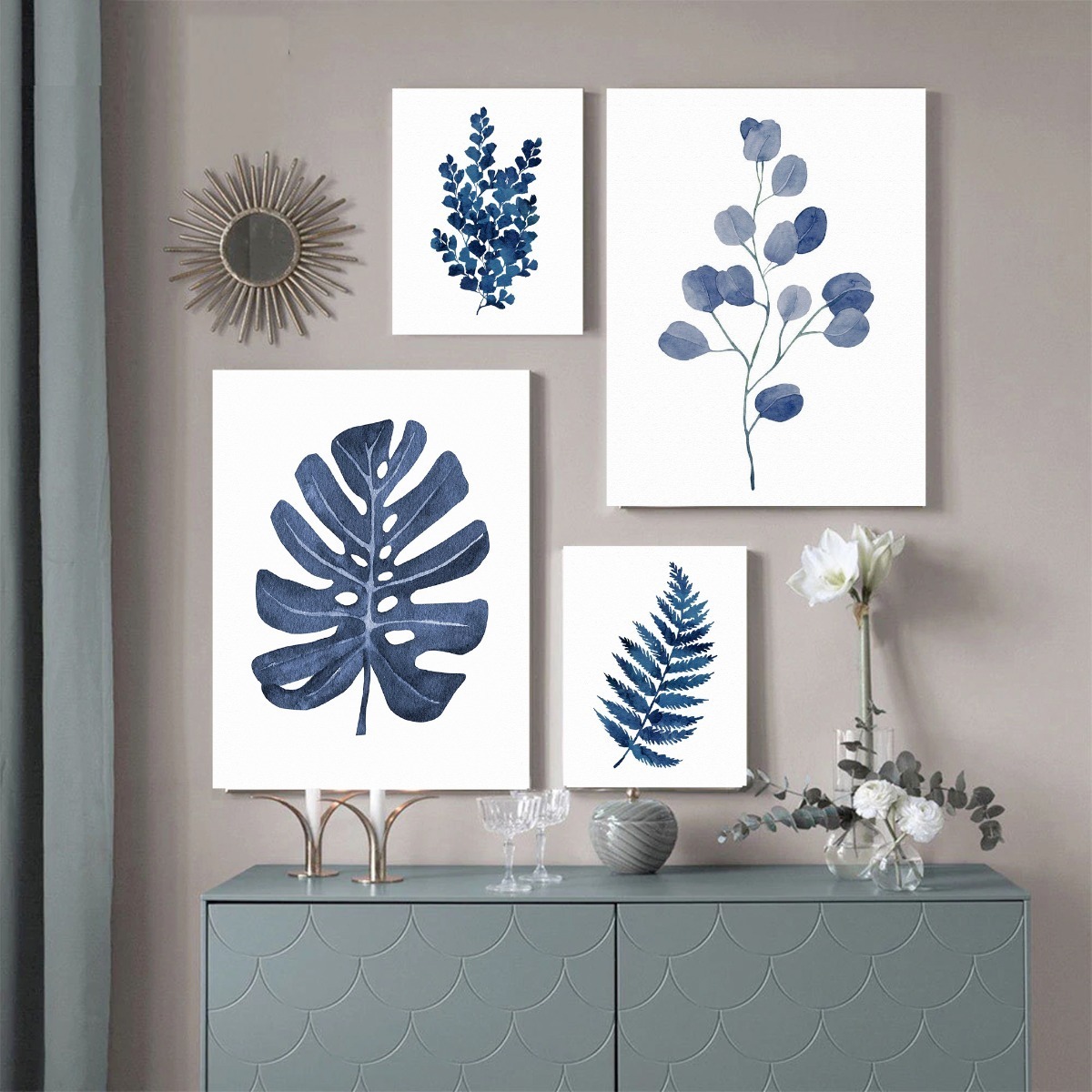 Set Cuadros Decorativos Plantas Azules Minimalistas Flores