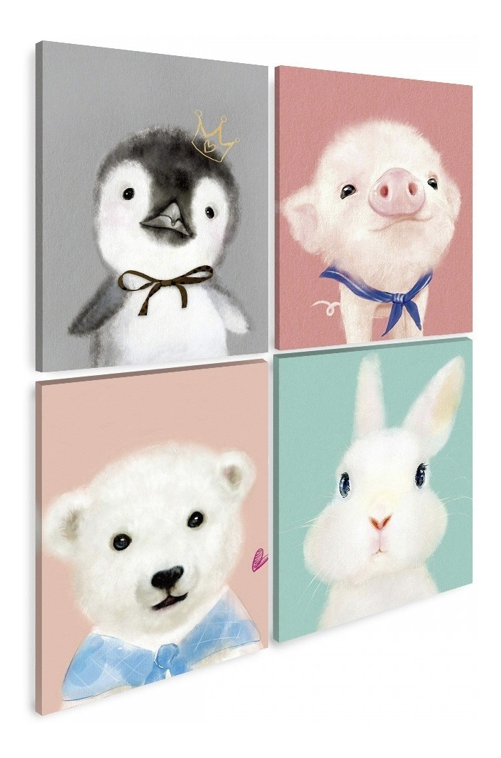 Set Cuadros Tela Canvas Cuarto Bebé Animales Envio Gratis