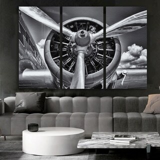 Foto 1 | Tríptico Decorativo Hélice Avión En Canvas Mate Premium Hd Color Grises Armazón Bastidor De Madera