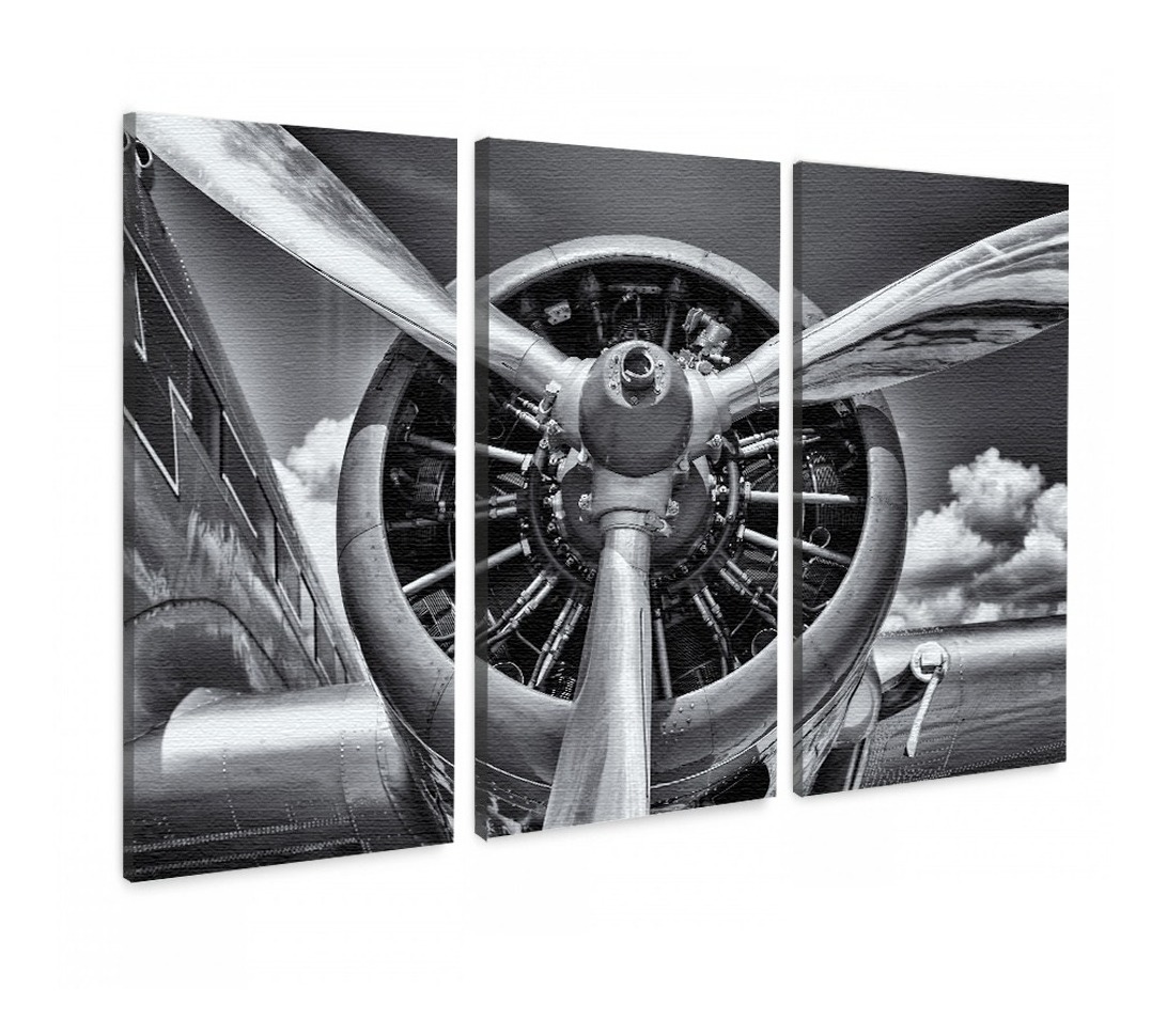 Foto 3 pulgar | Tríptico Decorativo Hélice Avión En Canvas Mate Premium Hd Color Grises Armazón Bastidor De Madera
