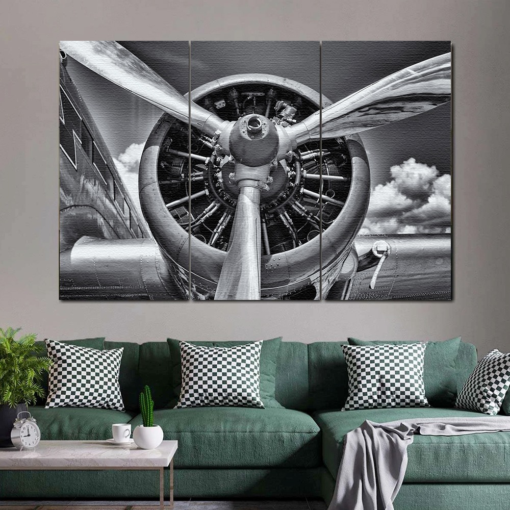 Foto 6 pulgar | Tríptico Decorativo Hélice Avión En Canvas Mate Premium Hd Color Grises Armazón Bastidor De Madera