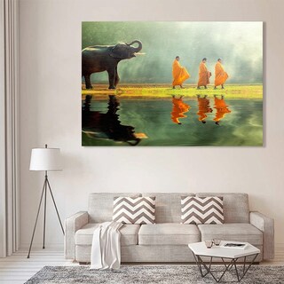 Foto 2 | Cuadro Elefante Paisaje Y Monjes Budismo En Lienzo Canvas Color Multicolor Armazón Bastidor De Madera