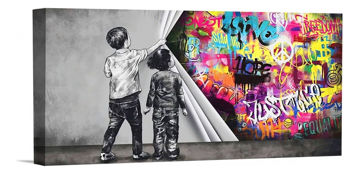 Cuadro Banksy Muro Graffiti Niños Canvas Grueso 120x60 Cm Armazón Bastidor De Madera