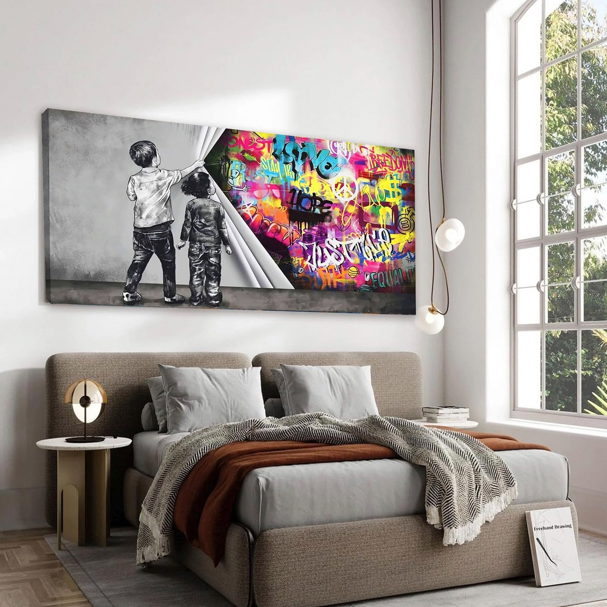 Foto 4 pulgar | Cuadro Banksy Muro Graffiti Niños Canvas Grueso 120x60 Cm Armazón Bastidor De Madera