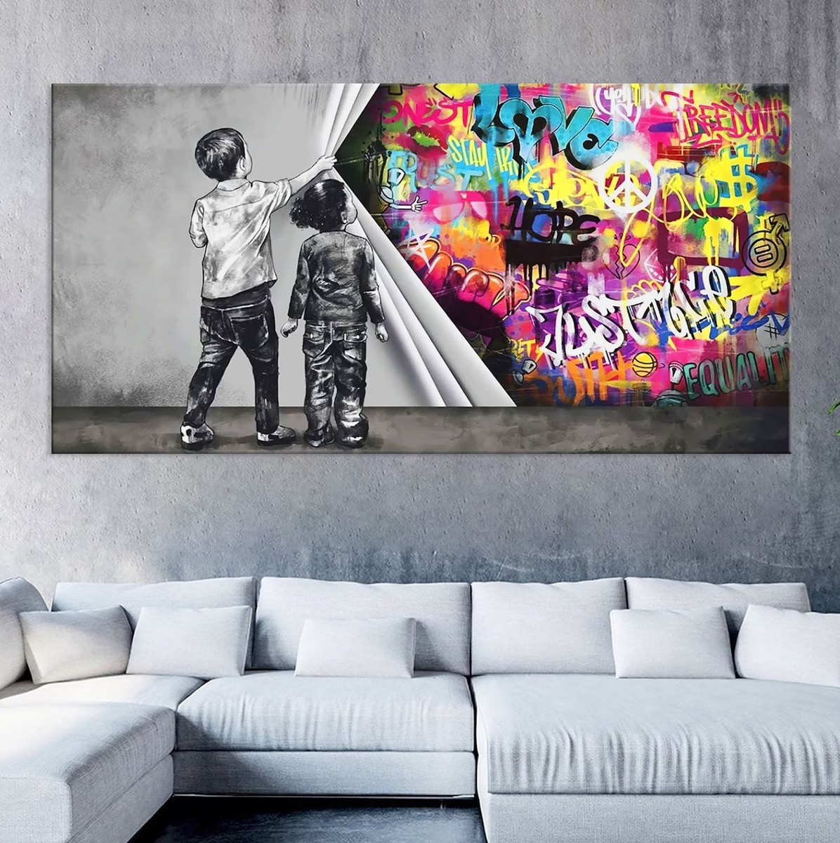 Foto 5 pulgar | Cuadro Banksy Muro Graffiti Niños Canvas Grueso 120x60 Cm Armazón Bastidor De Madera