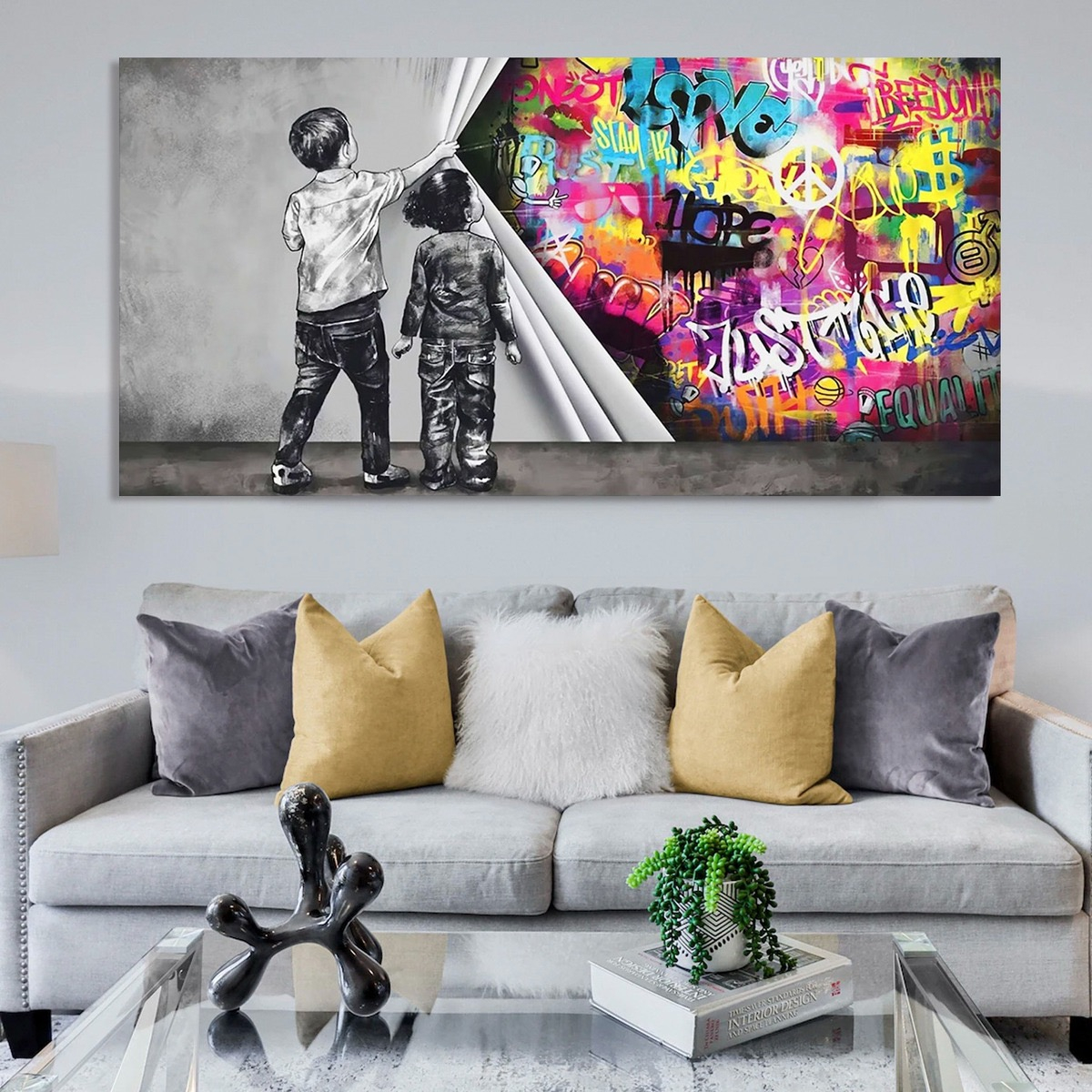 Foto 5 | Cuadro Banksy Muro Graffiti Niños Canvas Grueso 120x60 Cm Armazón Bastidor De Madera
