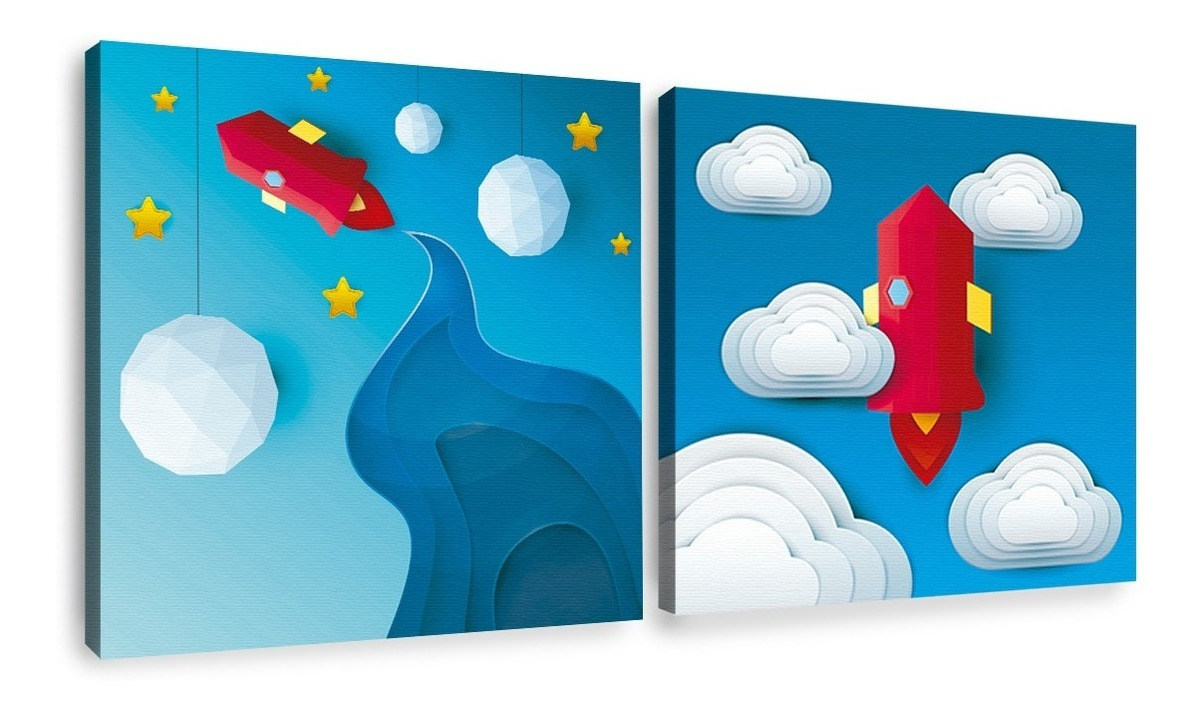 Set Cuadros Canvas Niños Bebé Astronautas Cohetes En Lienzo