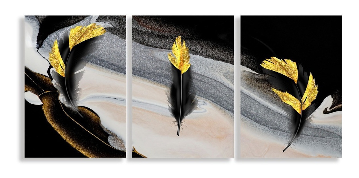 Cuadros Plumas Elegantes Negro Dorado Canvas Grueso 50x70cm