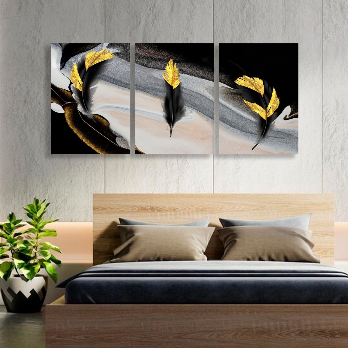 Foto 3 pulgar | Cuadros Plumas Elegantes Negro Dorado Canvas Grueso 50x70cm