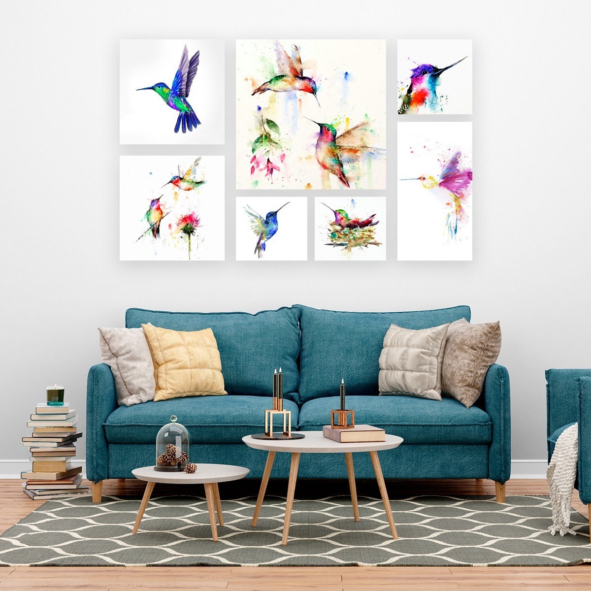 Set 7 Cuadros Decorativos Colibríes Acuarela 4k, Sala Recama