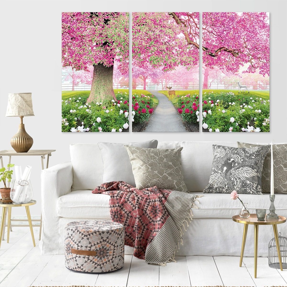 Foto 2 pulgar | Cuadros Arboles Flores Rosa Rosado En Canvas 3 Pz Triptico Color Multicolor Armazón Bastidor