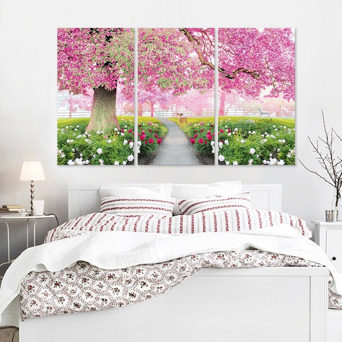 Foto 3 pulgar | Cuadros Arboles Flores Rosa Rosado En Canvas 3 Pz Triptico Color Multicolor Armazón Bastidor