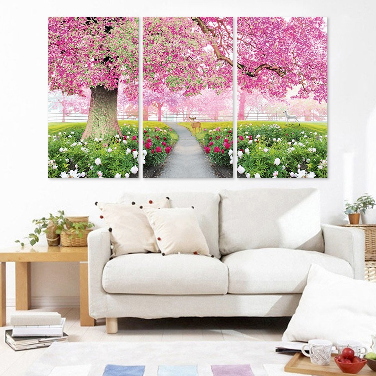 Foto 4 pulgar | Cuadros Arboles Flores Rosa Rosado En Canvas 3 Pz Triptico Color Multicolor Armazón Bastidor
