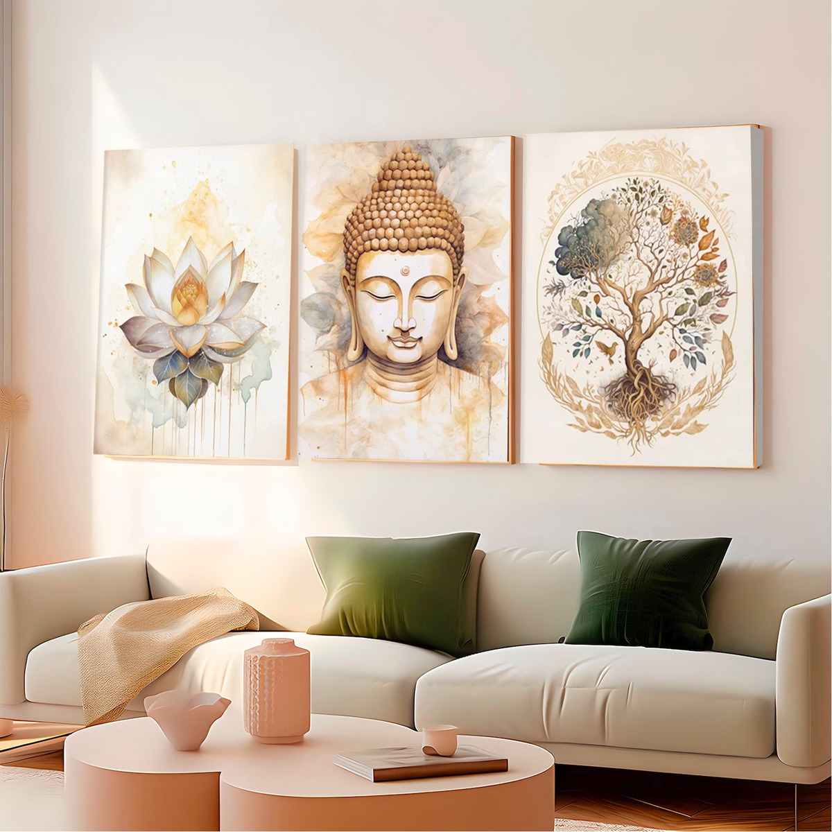 Set 3 Cuadros Decorativos Buda Flor Loto Árbol Vida Canvas