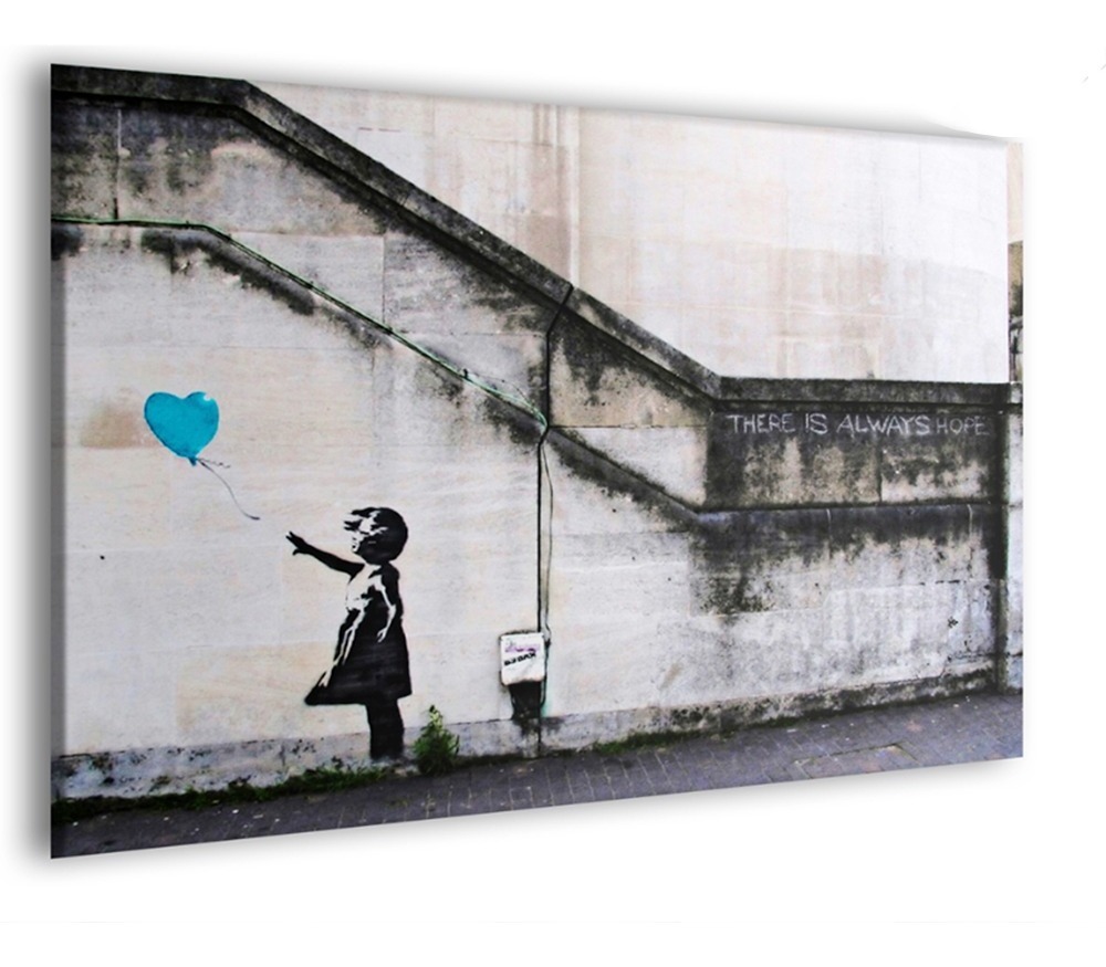 Cuadro Canvas Banksy Graffiti Street Art Niña Con Globo Azul Color Grises/azul Armazón Bastidor