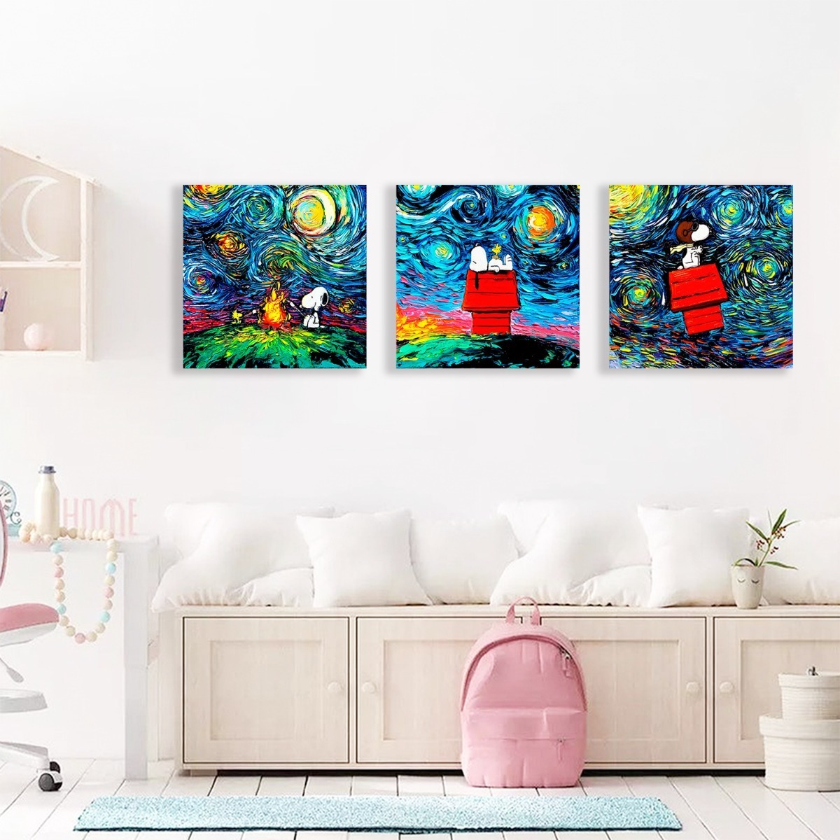 Foto 4 pulgar | Cuadros Canvas Snoopy Charlie Brown Noche Estrellada Set 3