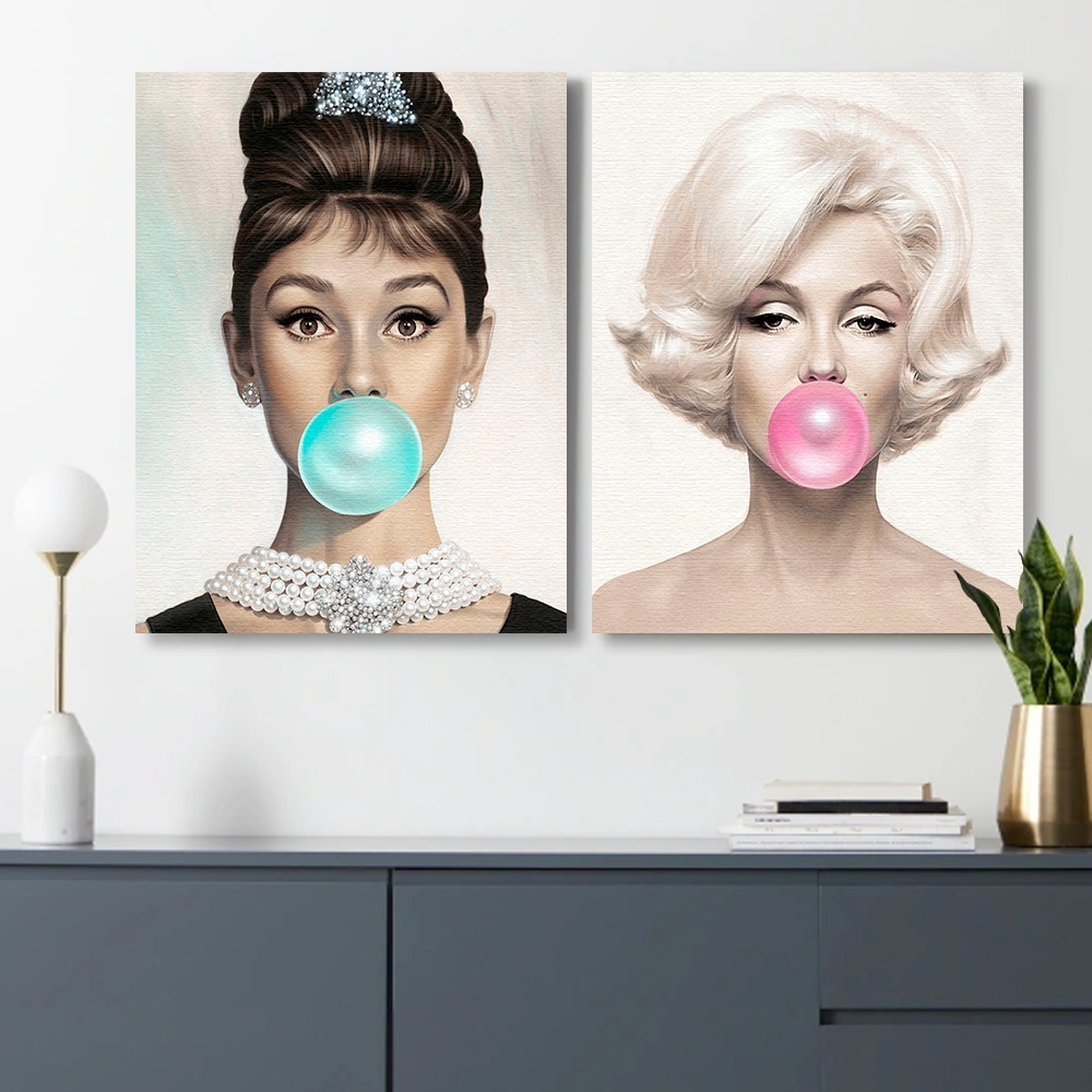 Foto 3 pulgar | Set Cuadros Marilyn Monroe Y Audrey Hepburn Bubble Gum Chicl