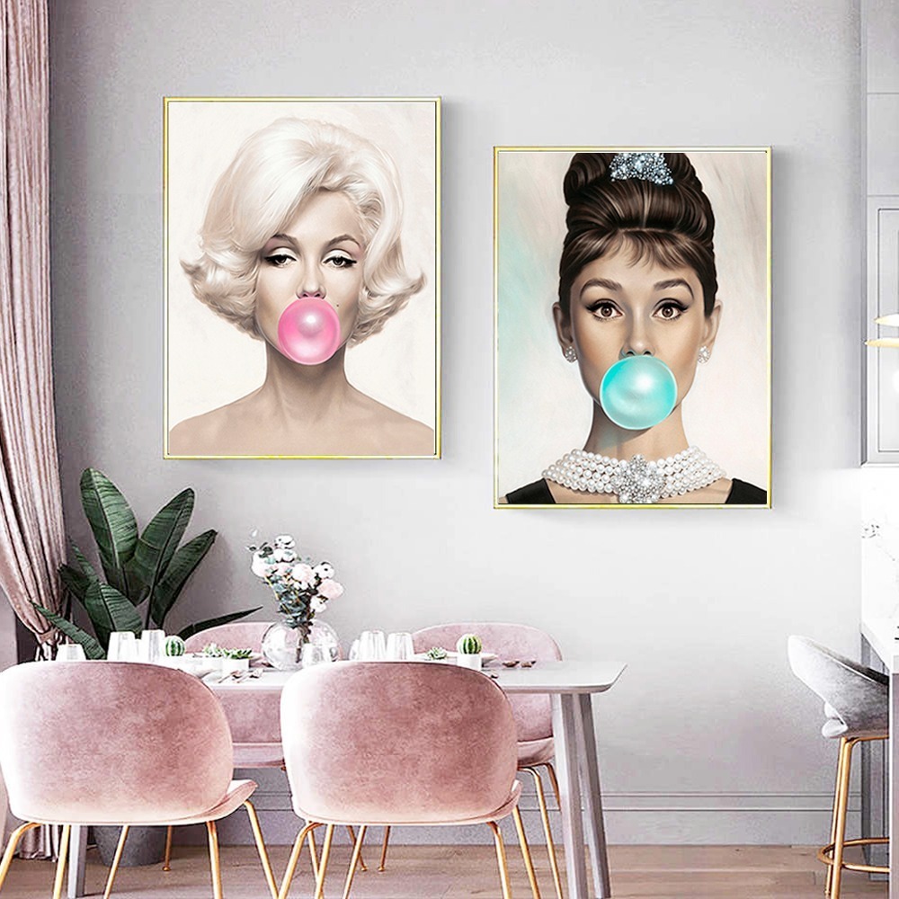 Foto 6 pulgar | Set Cuadros Marilyn Monroe Y Audrey Hepburn Bubble Gum Chicl