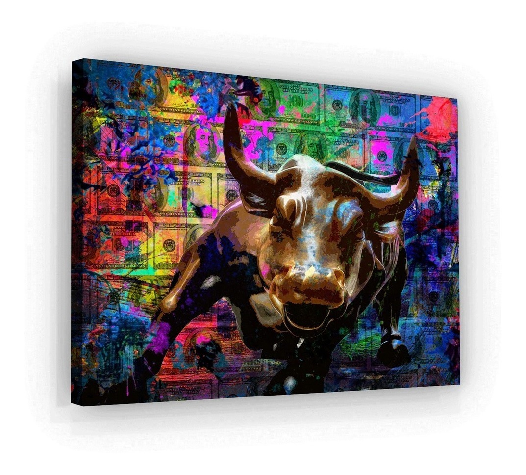 Cuadro Canvas Toro Wall Street Bull Grafitti Money  Moderno Color Negro Y Color Armazón Bastidor De Madera