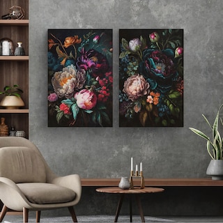 Foto 4 | Set Cuadros Canvas Flores Vintage Oscuro Botanico Floral