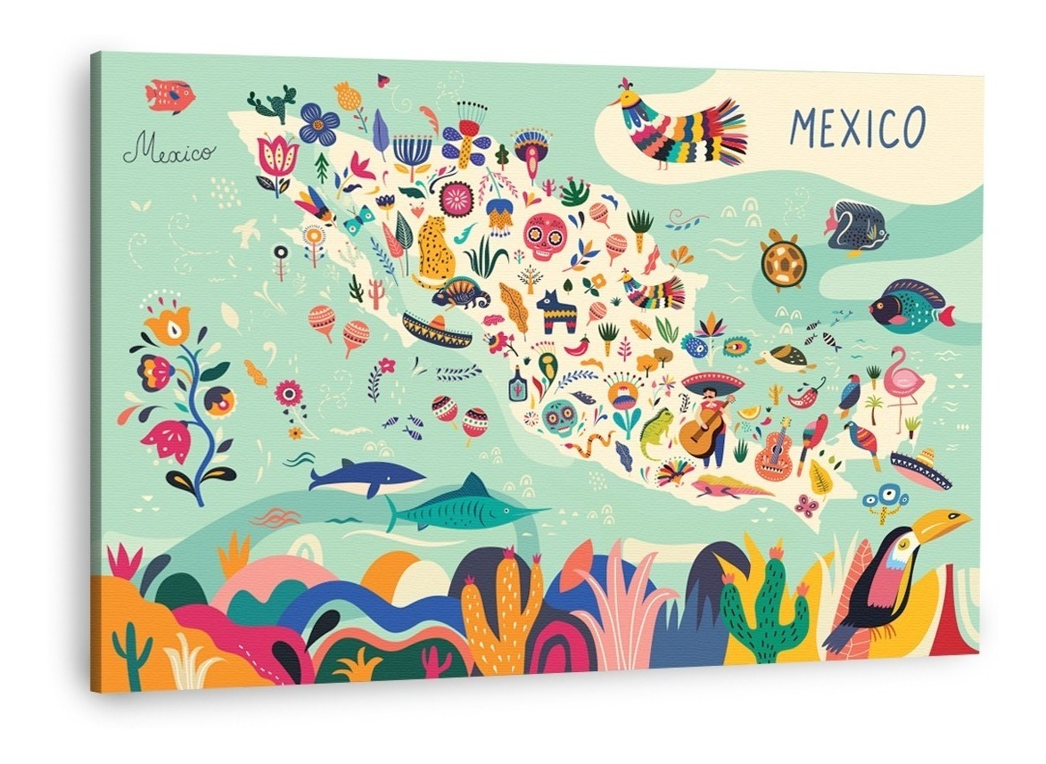 Cuadro Canvas Arte Mexicano Mapa México Decorativo Grande Color Multicolor Armazón Bastidor De Madera