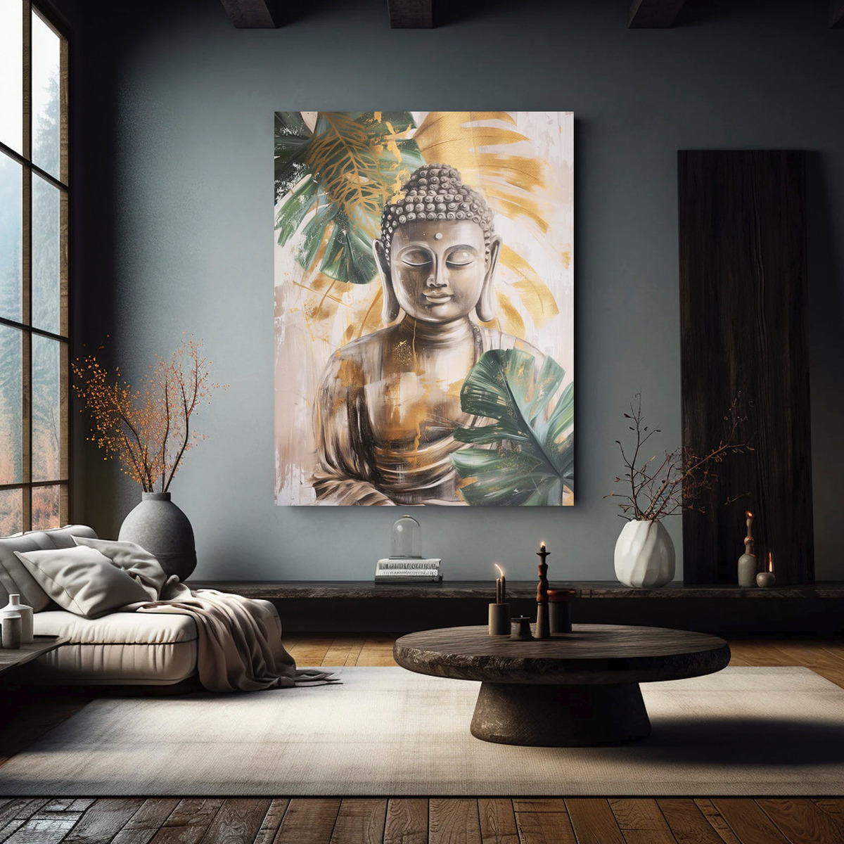 Cuadro Decorativo Para Sala Recamara Buda Gris Minimalista