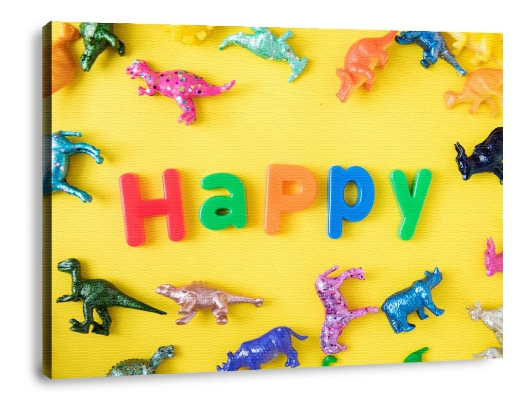 Cuadro Canvas Para Niños Niñas Happy Kids Y Dinosaurios 1 Pz Color Amarillo Armazón N/a