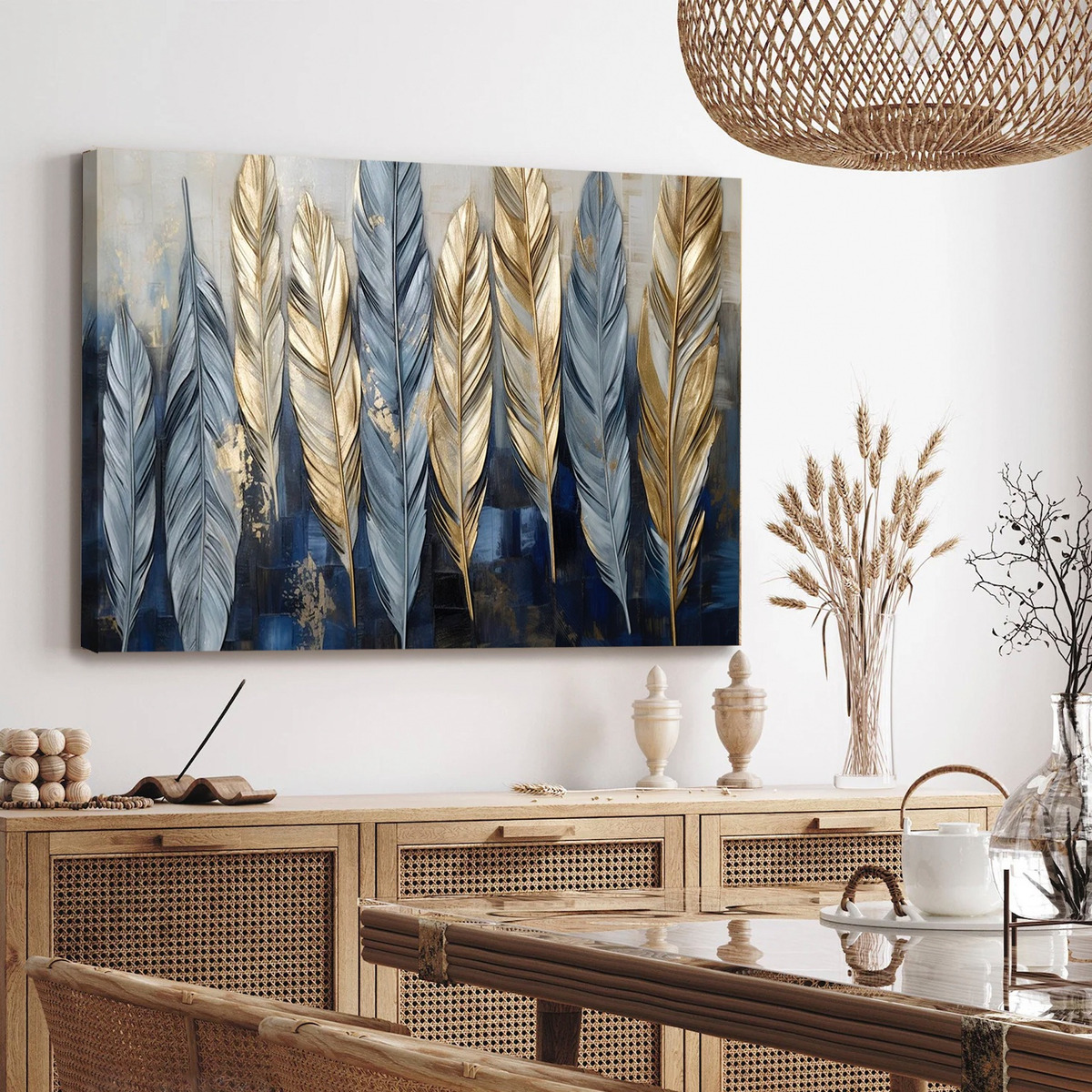 Cuadro Canvas Plumas Abstracto Dorado Boho Sala Hd 110x70
