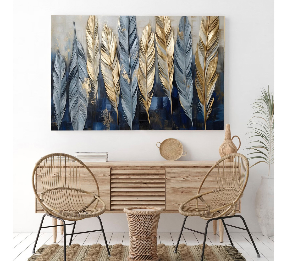 Foto 4 | Cuadro Canvas Plumas Abstracto Dorado Boho Sala Hd 110x70