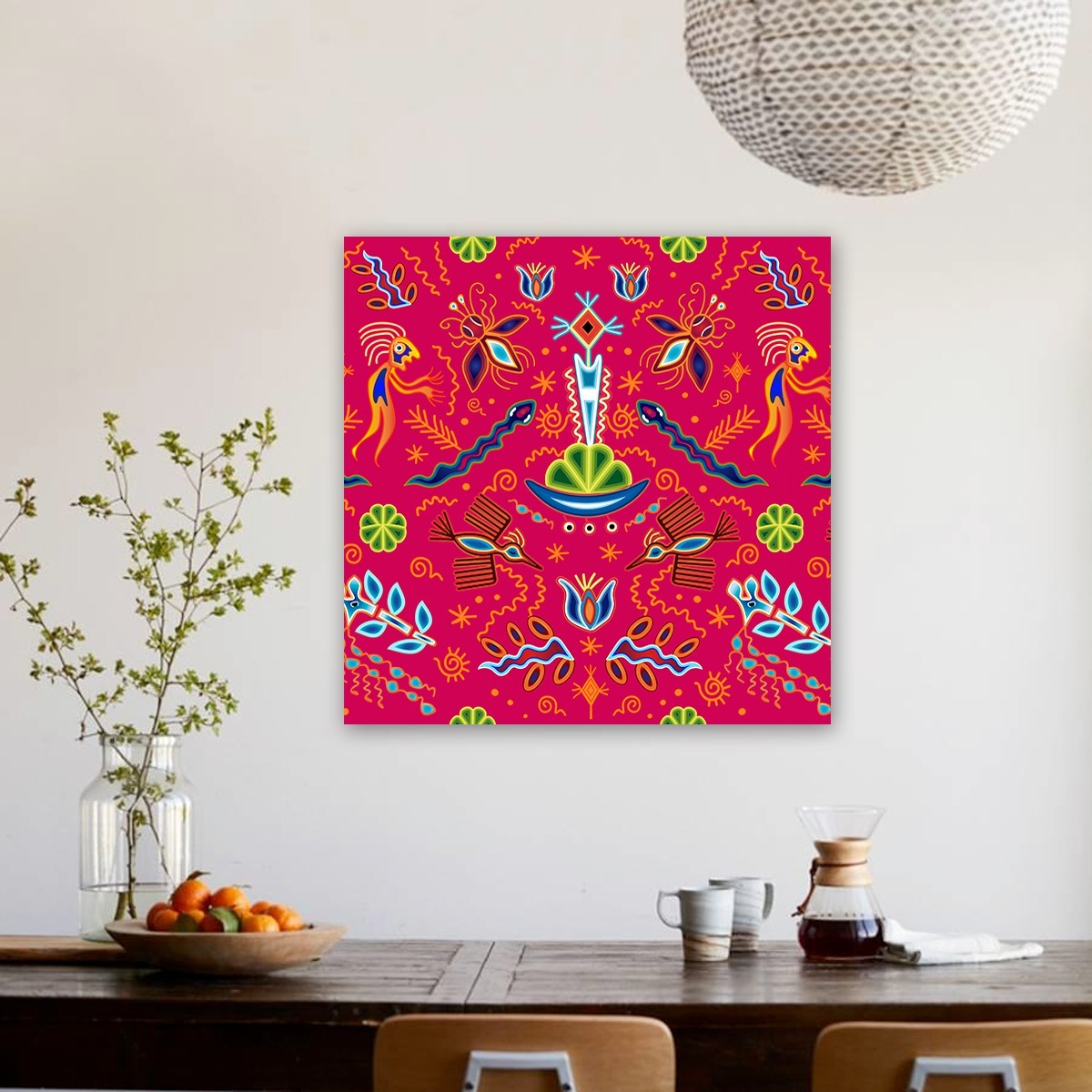 Cuadro Arte Mexicano Otomi Huichol En Lienzo Canvas Decor Color Rosa Mexicano