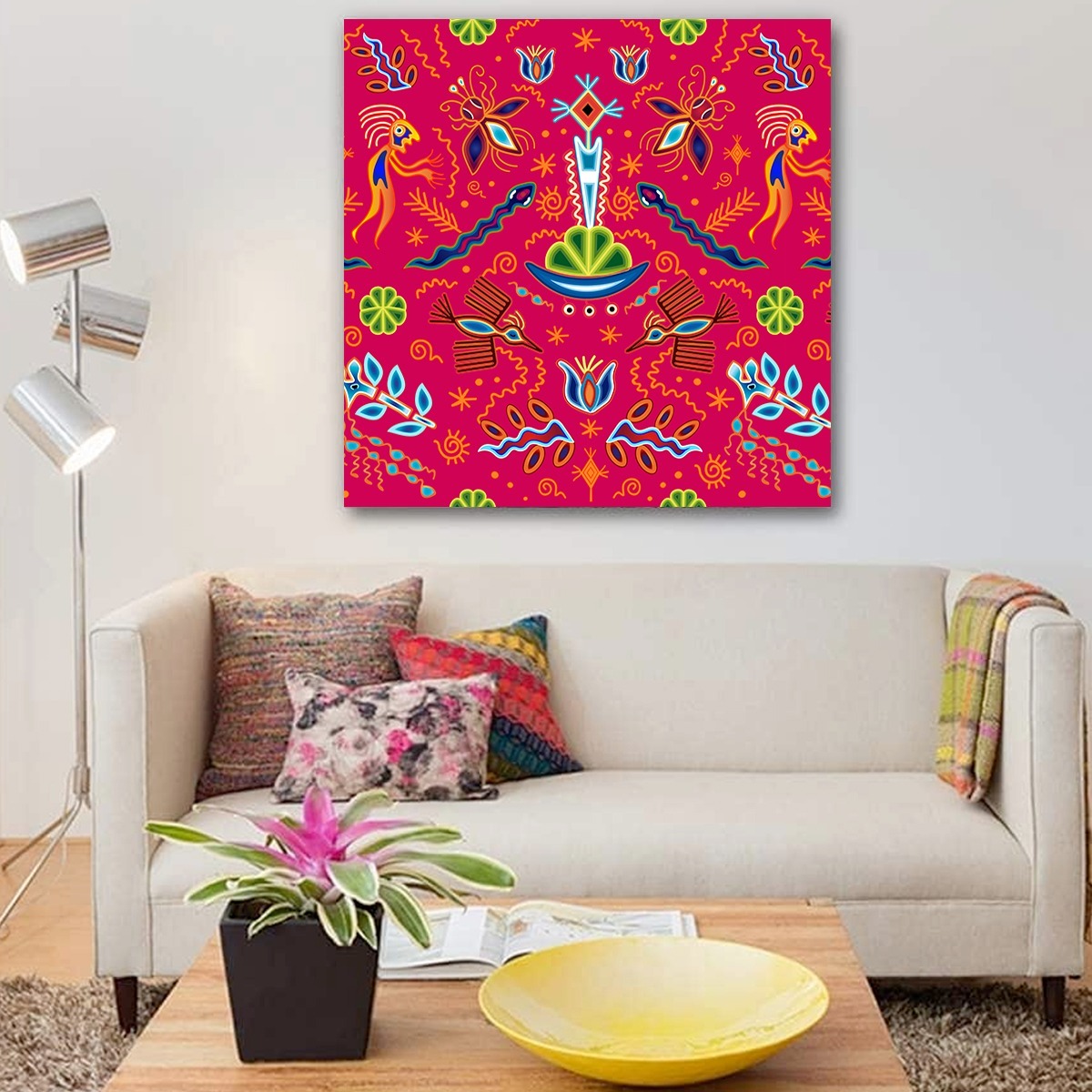 Foto 4 pulgar | Cuadro Arte Mexicano Otomi Huichol En Lienzo Canvas Decor Color Rosa Mexicano