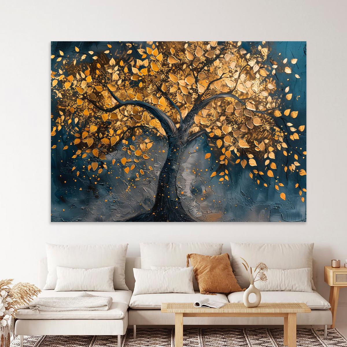 Foto 2 pulgar | Cuadro Árbol Dorado Flores Blancas Hd Canvas Grueso 110x70cm