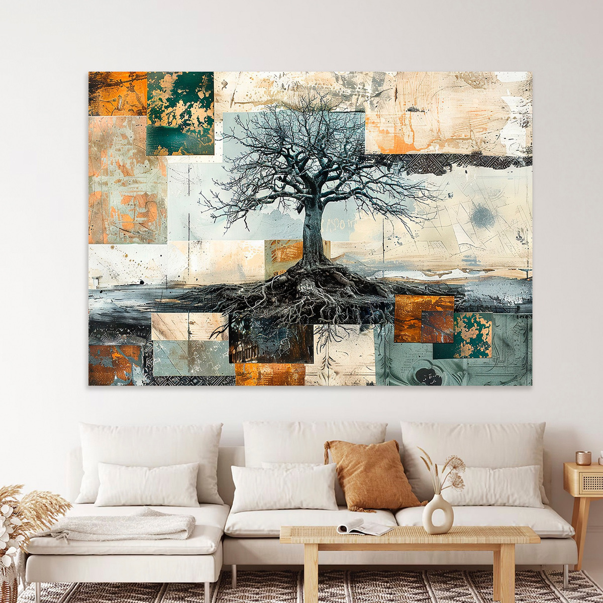 Cuadro Árbol Dorado Flores Blancas Hd Canvas Grueso 110x70cm