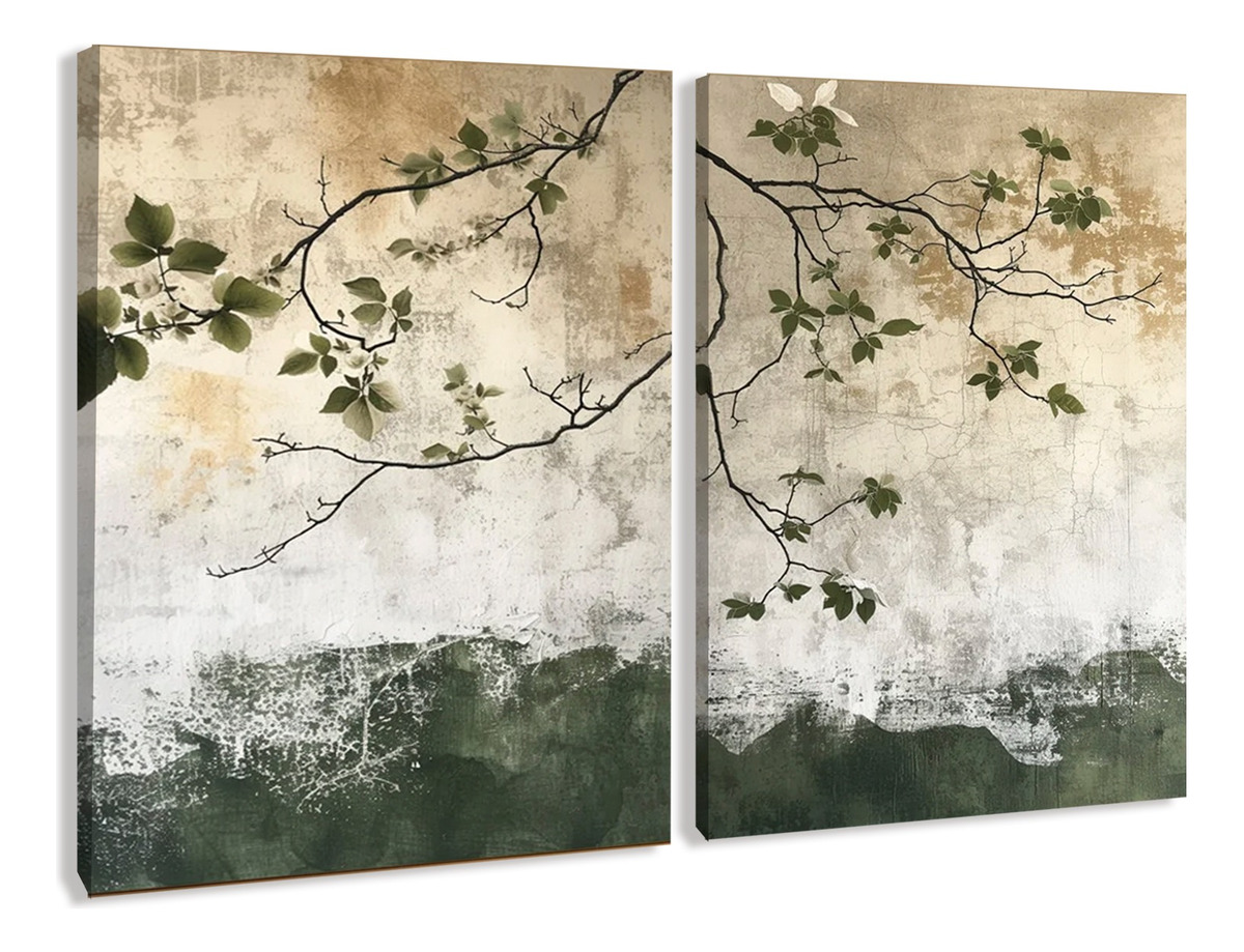 Juego De Cuadros Canvas Abstracto Verde Floral Elegante Sala