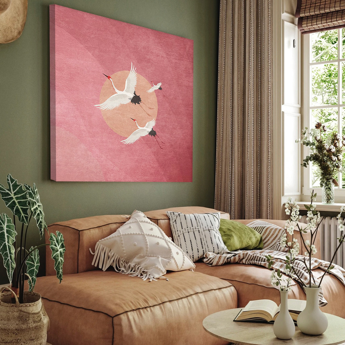 Cuadro Aves Exóticas Grullas Elegante Rosa Canvas 70x70cm