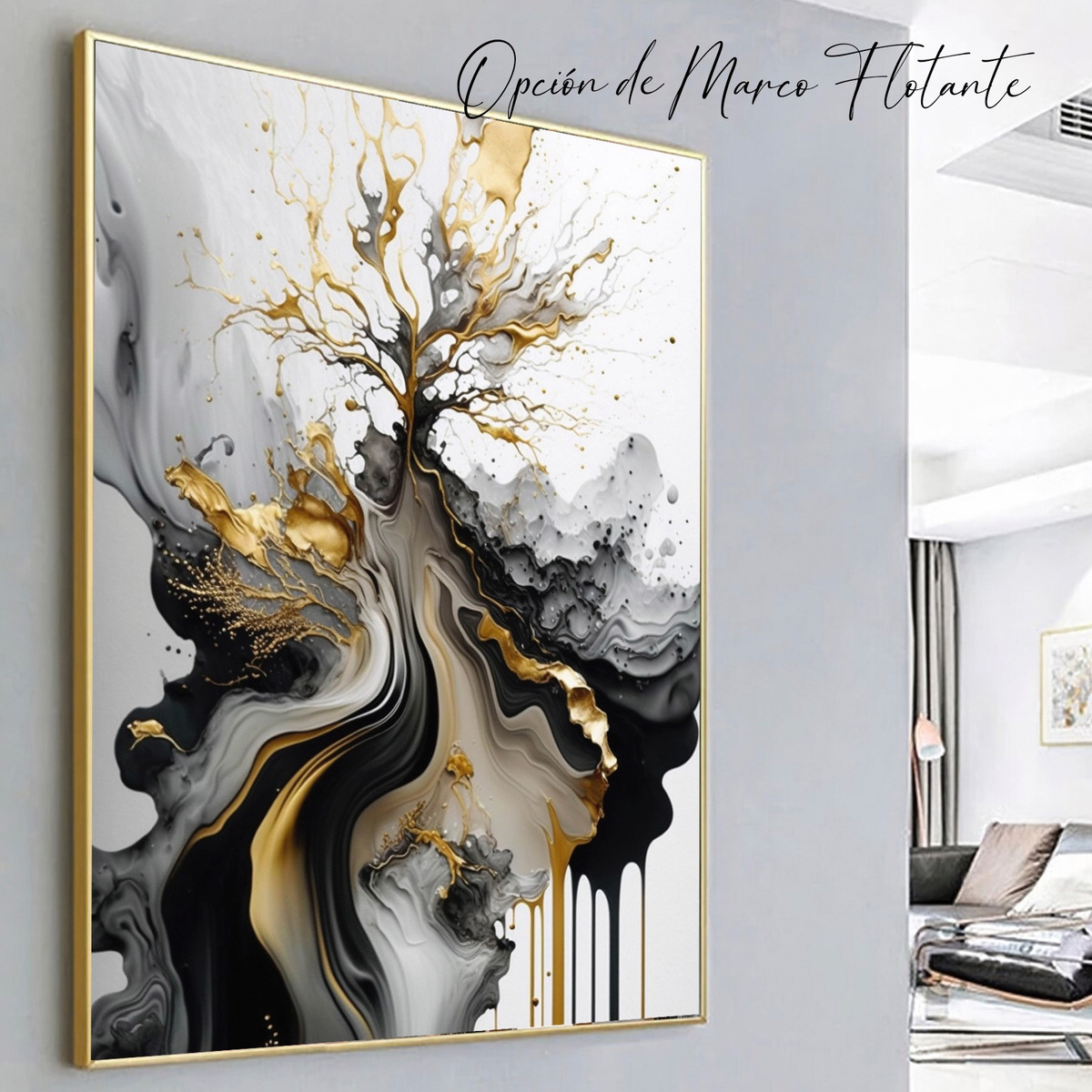 Foto 5 pulgar | Cuadro Abstracto Dorado Negro Elegante Sala Canvas 4k 60x90