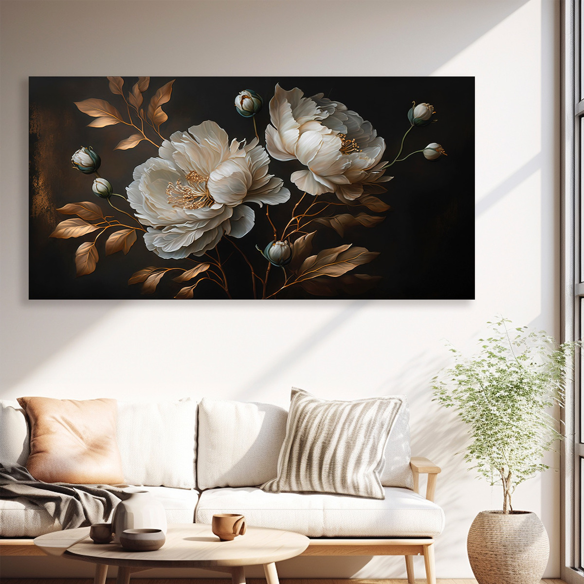 Cuadro Flores Tonos Obscuros Dorado Elegante Canvas Sala