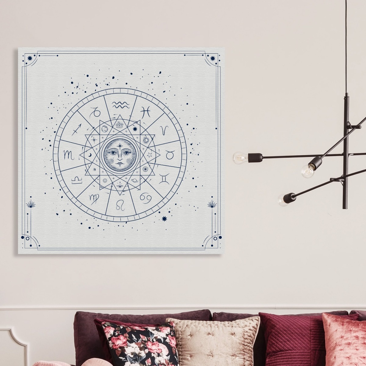 Cuadro Lienzo Canvas Signos Zodiacales Zodiaco Sol Boho Hd Color Blanco/azul
