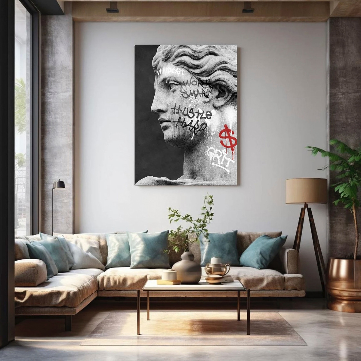Foto 4 | Cuadro Estatua Ángel Dioses Griegos Graffiti Canvas 90x60 Cm Color Atenea Diosa