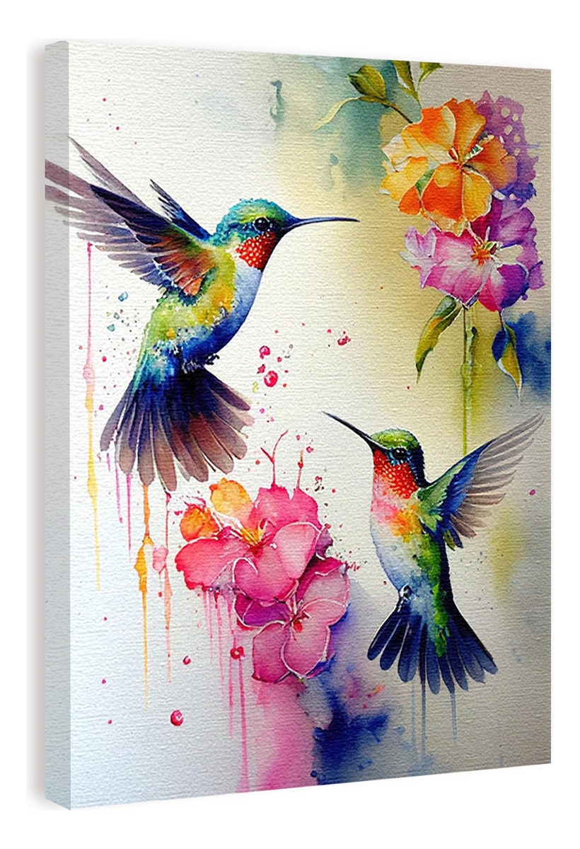 Foto 2 pulgar | Cuadro Colibrí Tipo Acuarela En Canvas Colibríes De Colores Color Watercolor Colibríes