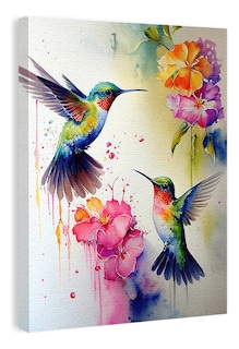 Foto 1 | Cuadro Colibrí Tipo Acuarela En Canvas Colibríes De Colores Color Watercolor Colibríes