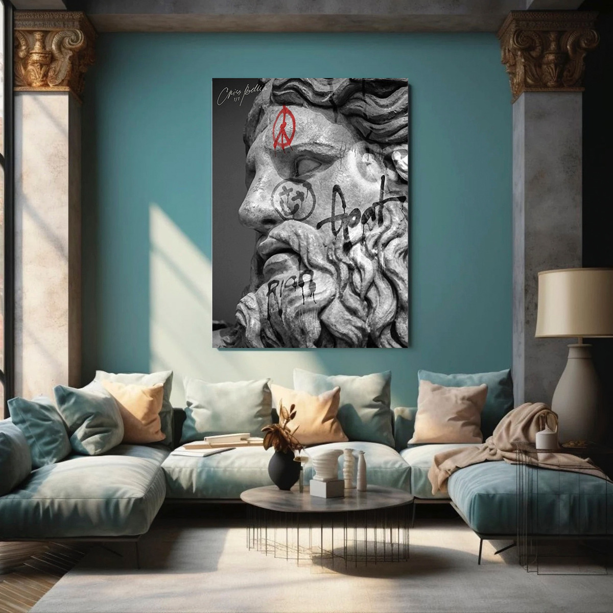 Cuadro Estatua Ángel Dioses Griegos Graffiti Canvas 90x60 Cm Color Zeus