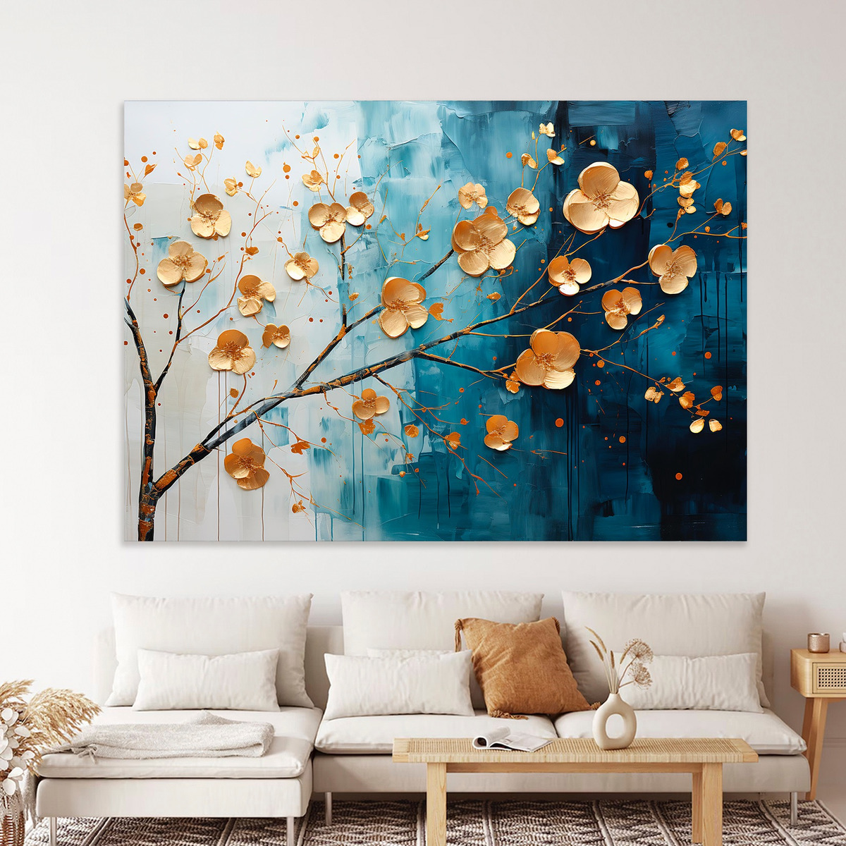 Foto 2 pulgar | Cuadro Árbol Dorado Flores Blancas Hd Canvas Grueso 110x70cm