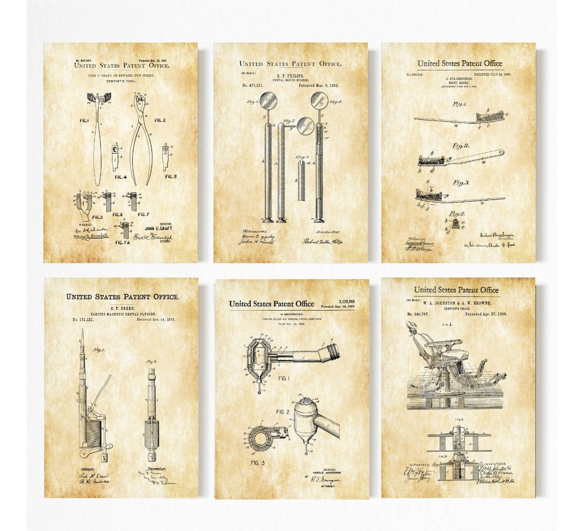 Cuadros Dentista Odontología Instrumentos Vintage 3 Colores Color Papel Antiguo Armazón Bastidor