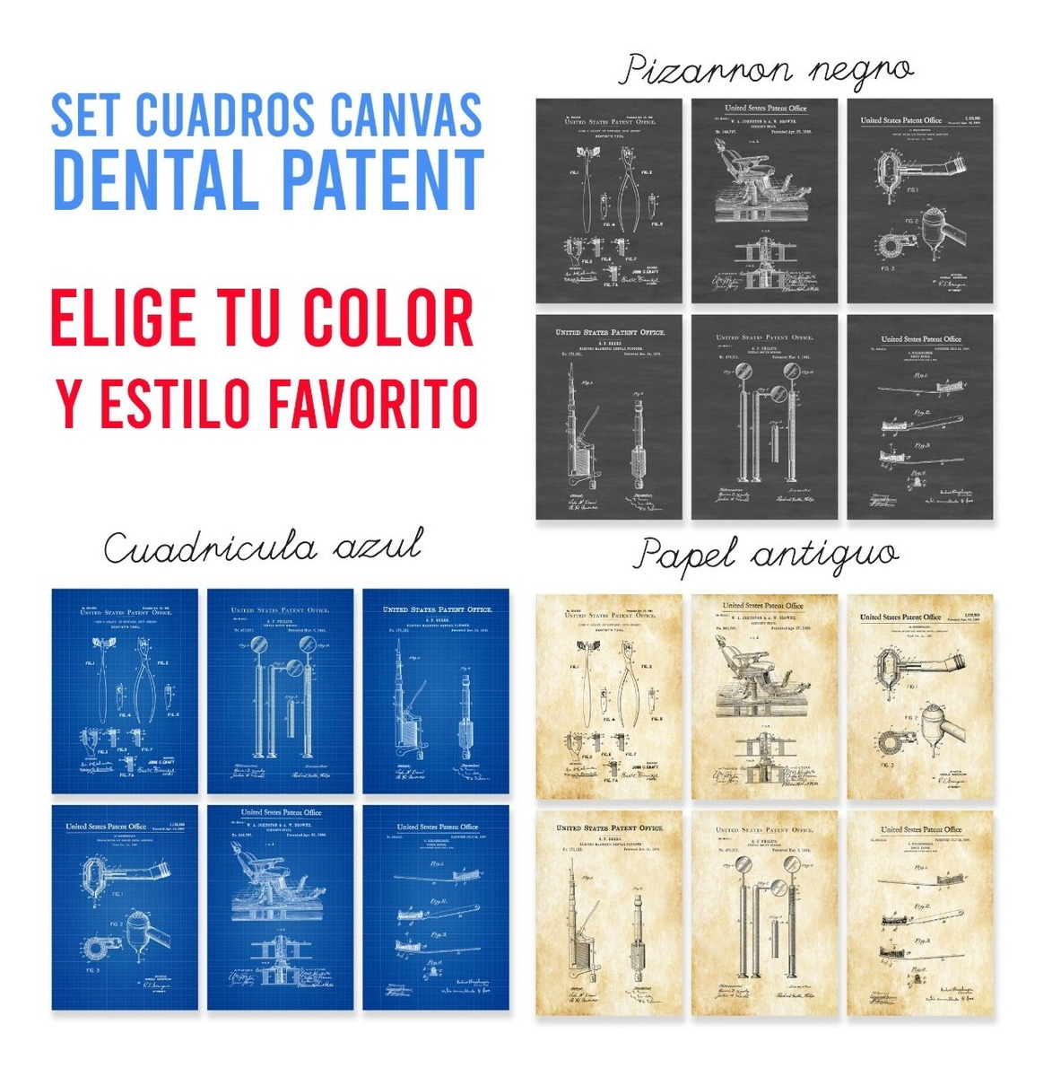 Foto 4 pulgar | Cuadros Dentista Odontología Instrumentos Vintage 3 Colores Color Papel Antiguo Armazón Bastidor